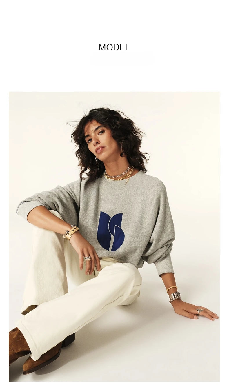 Autumn and Winter Long-sleeved Printed Gray Shoulder-sleeved French Casual Sweater Pirate Seven Treasures