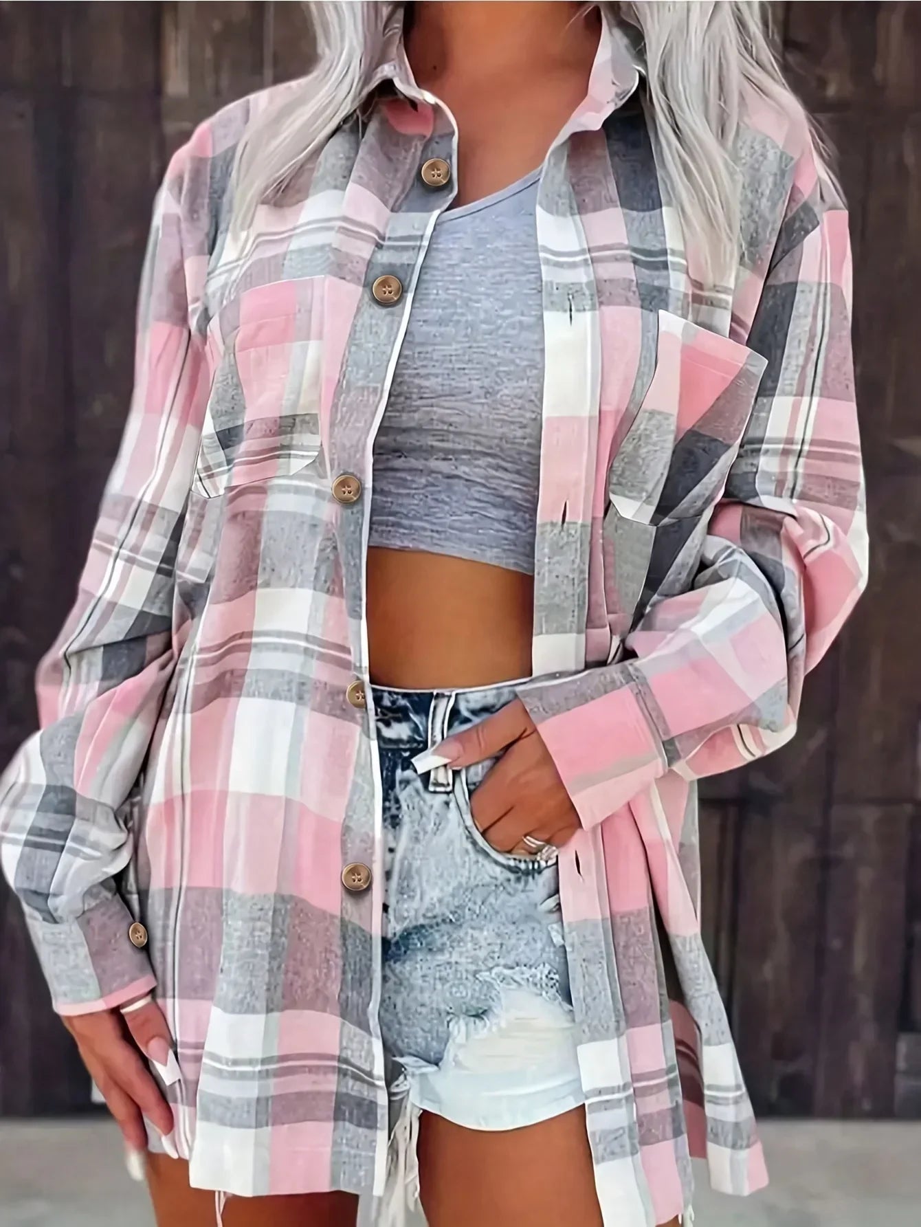 Plus Size Women Fashion 1XL-5XL Plaid Printed Shirt Casual Loose Long Sleeved Shirt  Lapel Design Shirt Tops