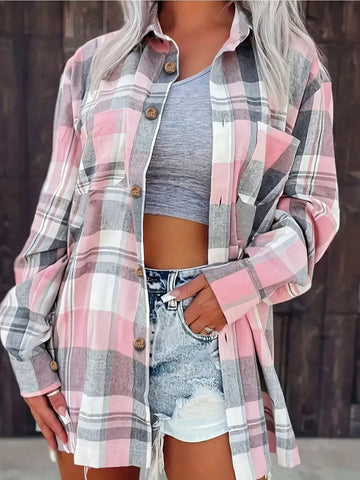 Plus Size Women Fashion 1XL-5XL Plaid Printed Shirt Casual Loose Long Sleeved Shirt  Lapel Design Shirt Tops