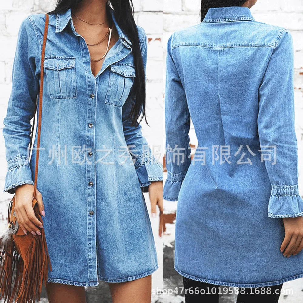 Women Denim Dress Long Sleeve Single Breasted Loose Fit A Line Dresses Turn Down Collar Splice Office Lady Elegant Vestidos