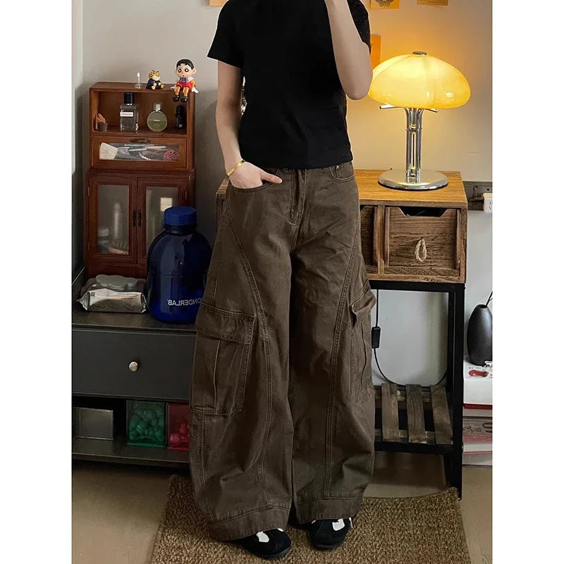 American Vintage 2000s Style High Waist Brown Jeans Pants 2025 Summer Women's Baggy Y2K Wide Leg Denim Trouser Female Clothes
