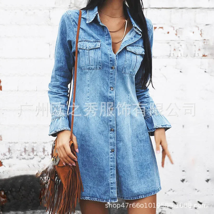 Women Denim Dress Long Sleeve Single Breasted Loose Fit A Line Dresses Turn Down Collar Splice Office Lady Elegant Vestidos